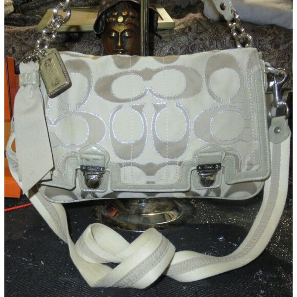 Coach Poppy Signature C Metallic Sateen & Leather Messenger Flap Satchel  #18352 - Picture 2 of 15